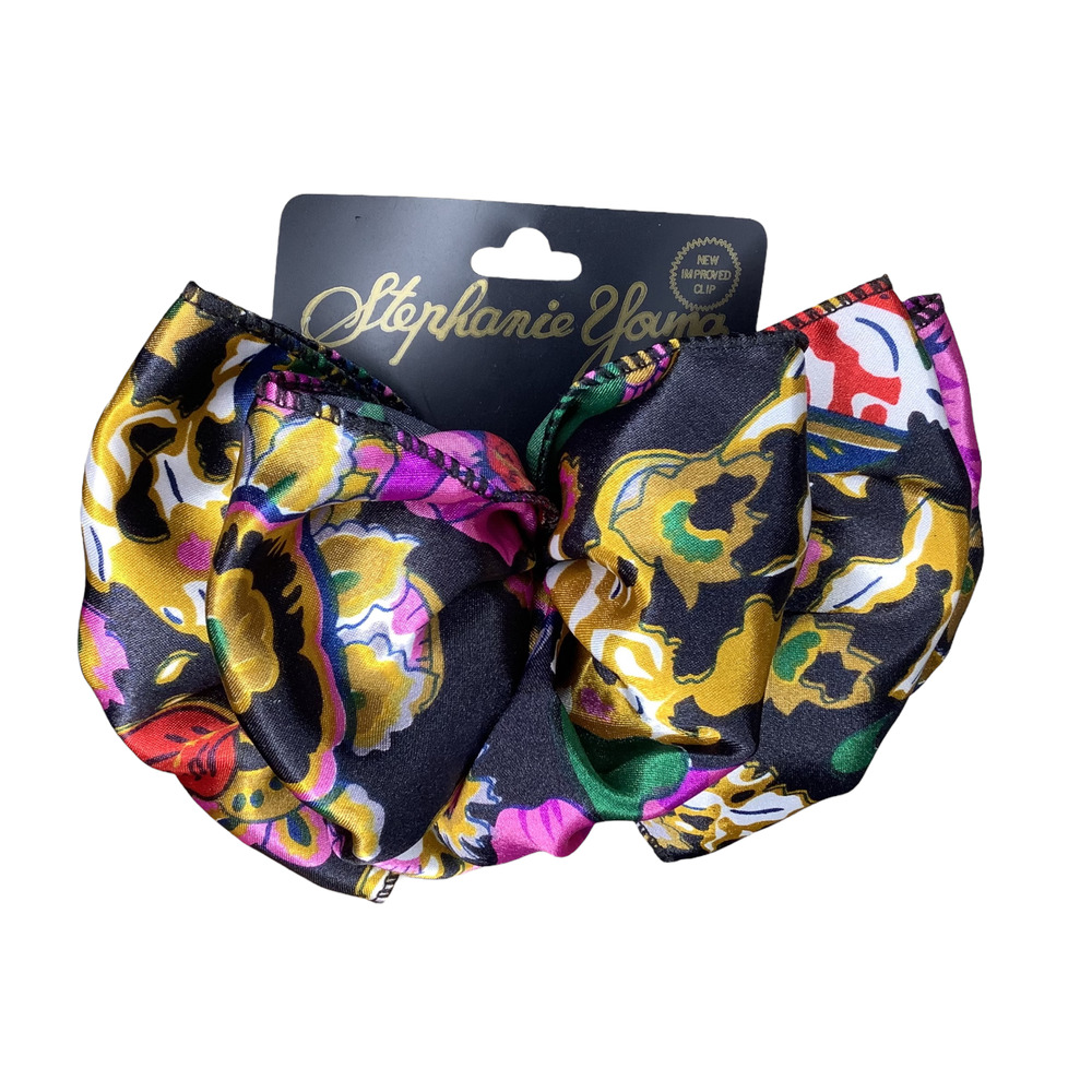 Vintage Barrette Multicolored Floral Satin Silky Ruffle Ribbon Oversized 80 90s